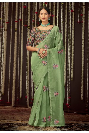 Sea green organza saree with blouse 19006