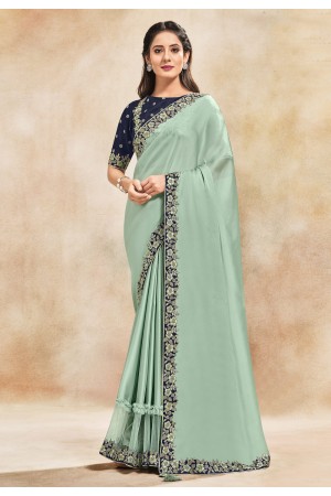 Sea green satin silk plain saree with designer blouse 42005