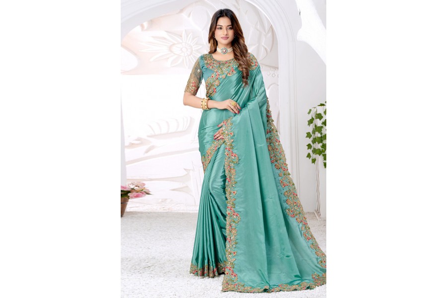 Women's Art Silk Sea Green Printed Designer Saree With Blouse Piece
