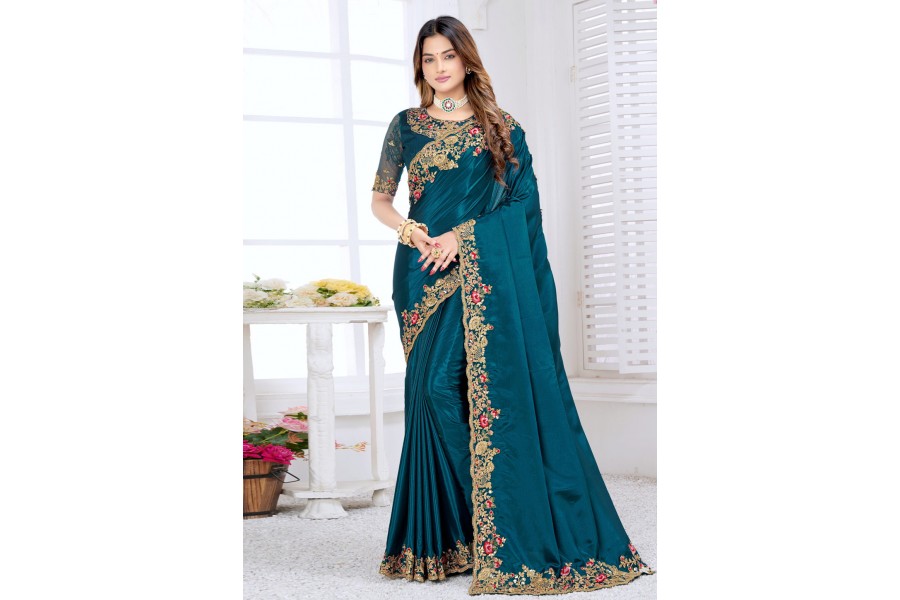 Women's Silk Blend Teal blue Printed Designer Saree With Blouse Piece main image 0