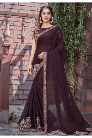 Wine silk georgette embroidered saree with blouse 41108