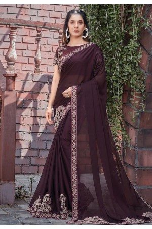 Wine silk georgette embroidered saree with blouse 41108