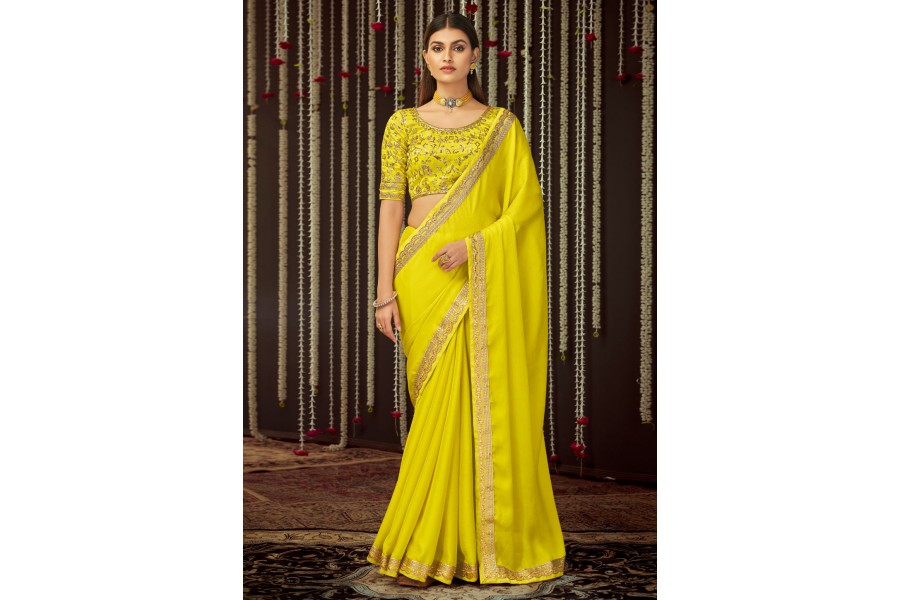 Yellow Chinon Saree With Cutdana Embroidery main image 0