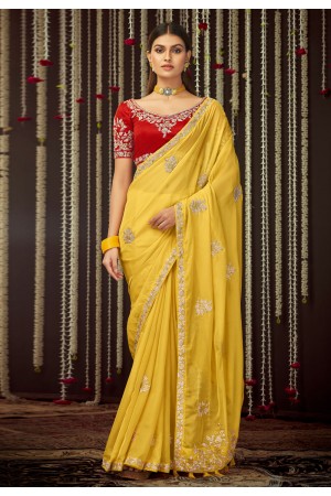 Yellow organza embroidered saree with blouse 19001