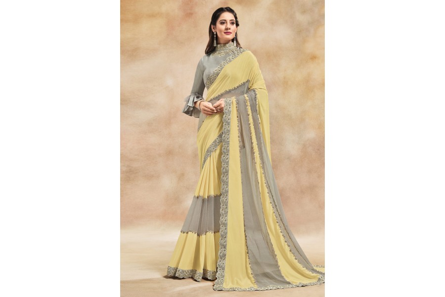 Women's Georgette Yellow Printed Designer Saree With Blouse Piece