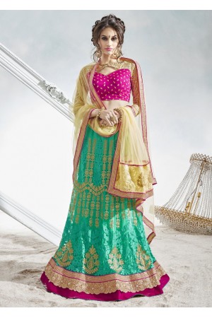 Green Satin Net Embroidered Circular Lehenga Choli 82021