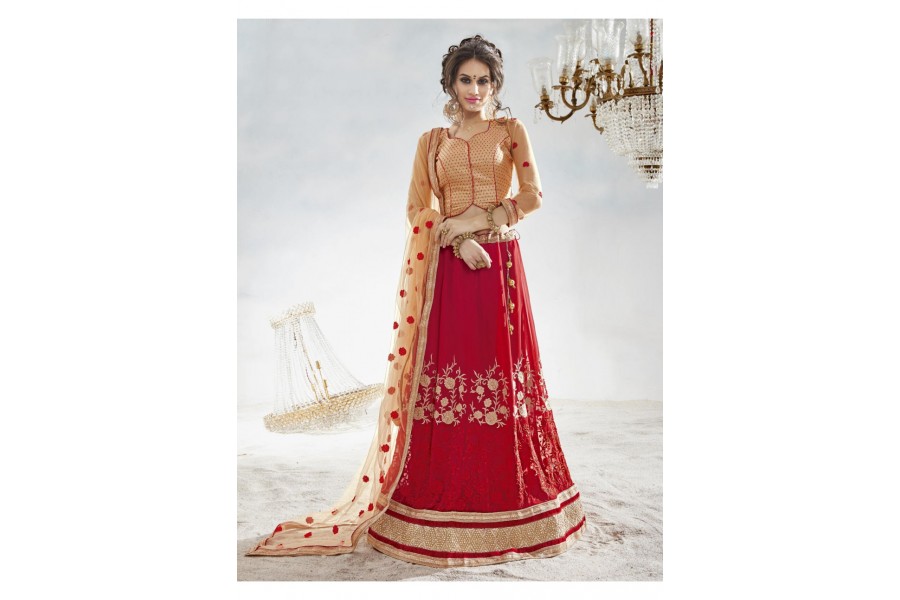 Rose Red Lehenga style Dress Faux Georgette