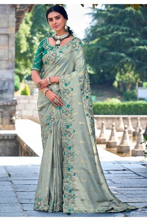 Banarasi Silk Saree with blouse in Dusty Green 6202