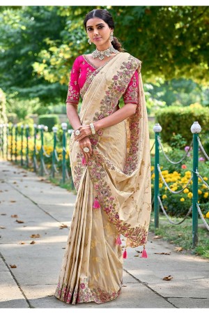 Banarasi Silk Saree with blouse in Offwhite and Pink 6205