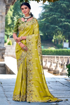 Fancy Silk Saree with blouse in Limegreen and Mehandi 6212
