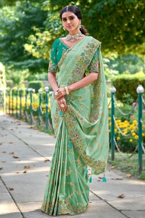 Fancy Silk Saree with blouse in Seagreen and Turquoise 6216
