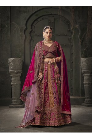 Rani Pink and Mustard Premium lycra velvet bridal lehenga choli 13003
