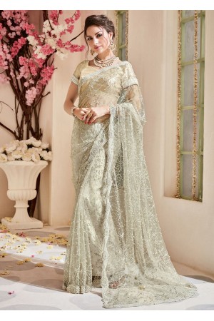 Beige Net Embroidered Partywear Saree 4108