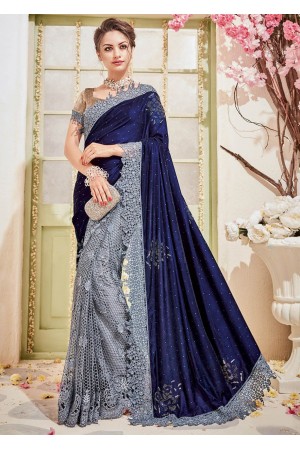 Grey Velvet Net Stone Worked Partywear Saree 4104