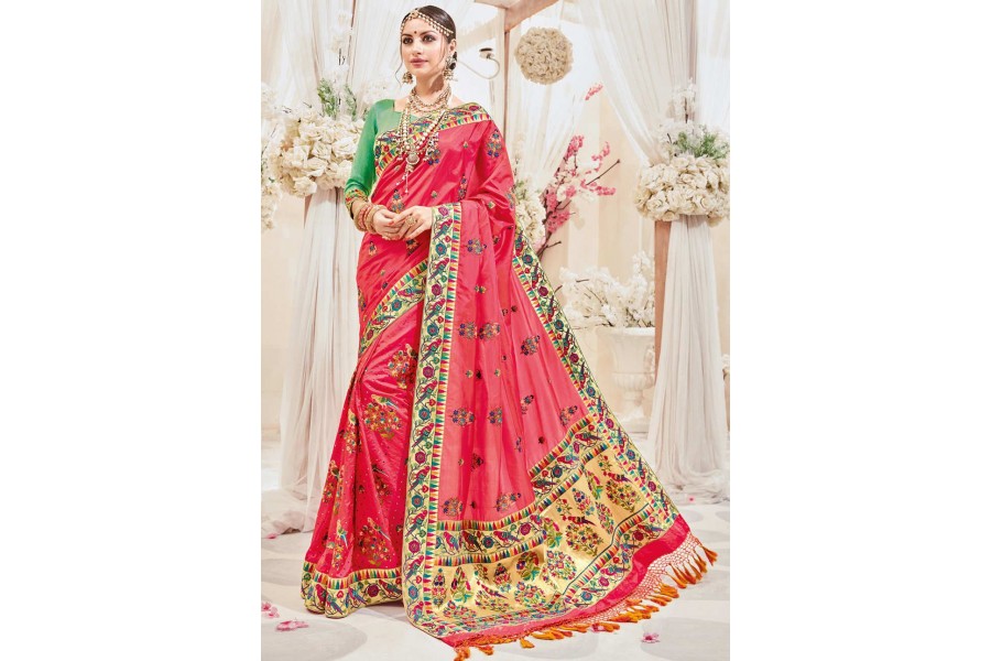Pearl Grey Satin Silk Embroidered Wedding Wear Saree main image 1