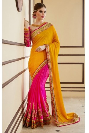 Yellow and pink designer party wear saree