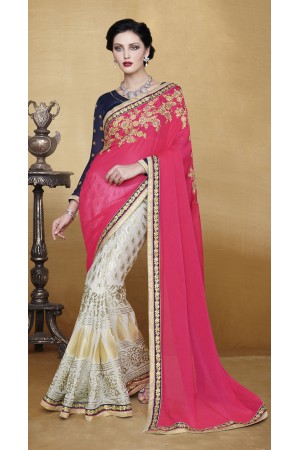 Party-wear-Punch-Pink-White-color-saree