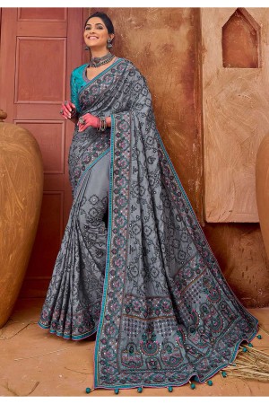 Grey banarasi silk festival wear saree 6904