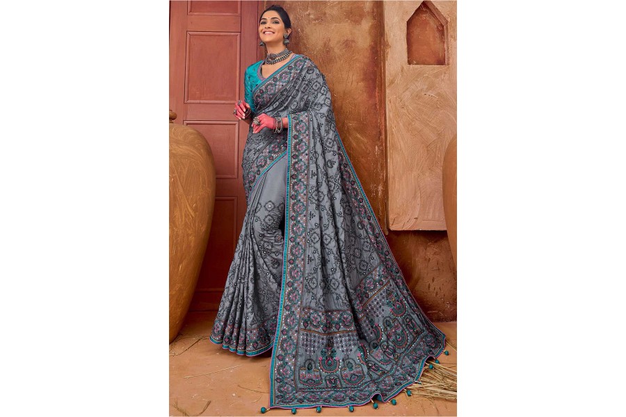 Grey Banarasi Art Silk Traditional Saree