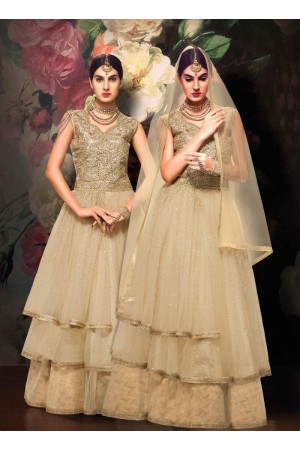 Designer Anarkali Cream Color Net And Jacquard Wedding Wear Anarkali