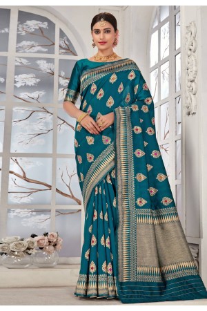 Banarasi silk Saree with blouse in Teal colour 4705