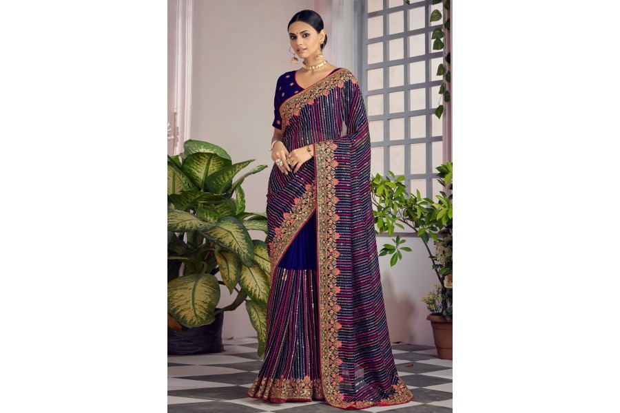 Georgette Saree with blouse in Blue colour 1364