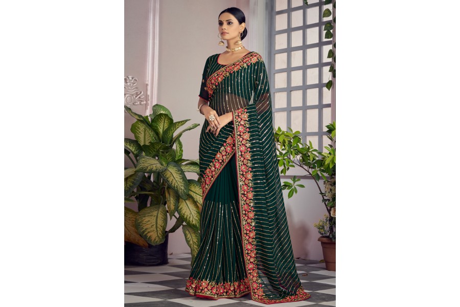 Women's Georgette Dark Green Printed Designer Saree With Blouse Piece main image 1