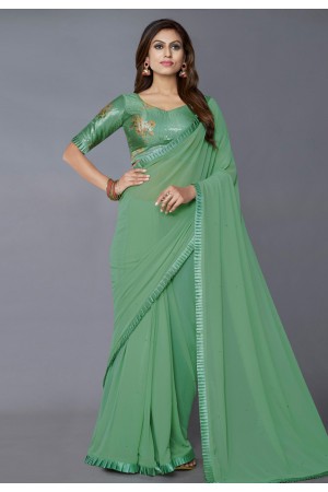 Georgette Saree with blouse in Pista green colour 909