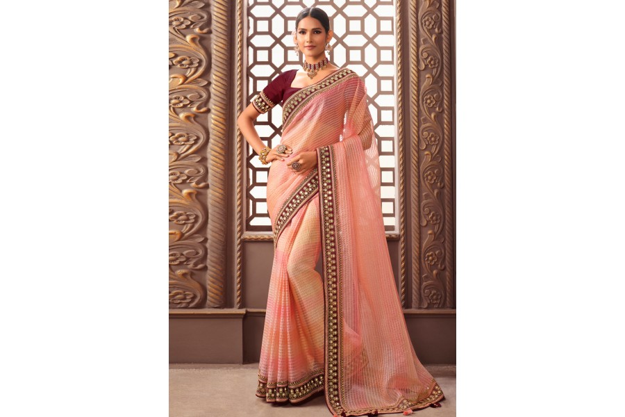 Organza Saree with blouse in Pink colour 1210