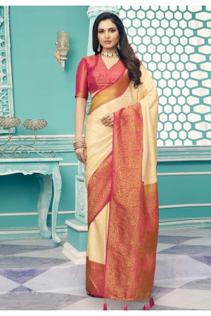 Silk Saree with blouse in Cream colour 14006