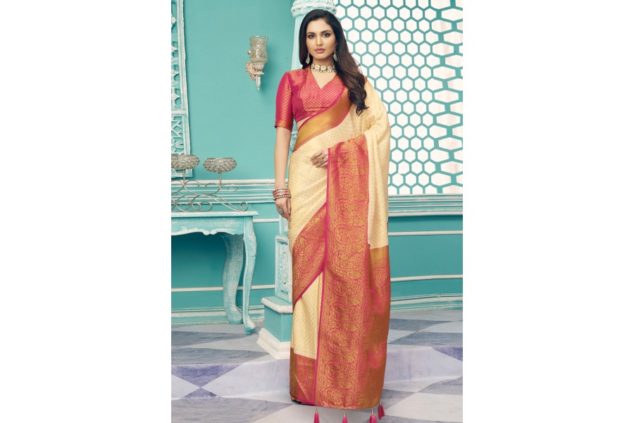 Women's Silk Blend Cream Woven Design Celebrity Saree With Blouse Piece