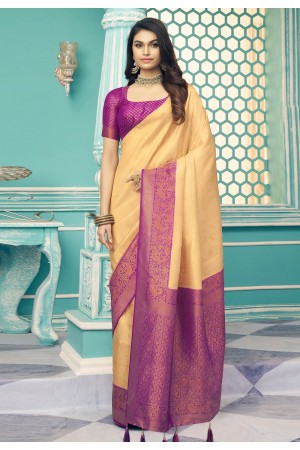 Silk Saree with blouse in Golden colour 14005
