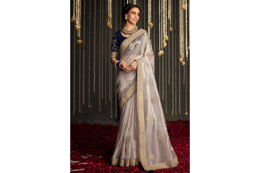 Women's Viscose Silk Grey Printed Designer Saree With Blouse Piece