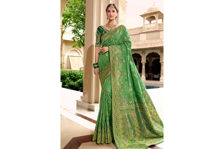 Light Green Semi Silk Saree with Hand Work blouse combo main image 1