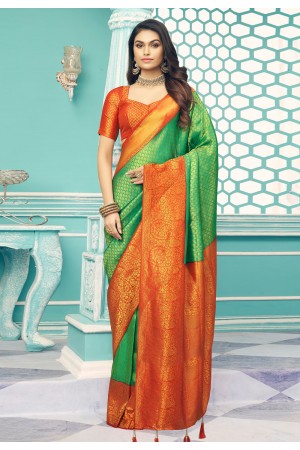 Silk Saree with blouse in Light green colour 14007