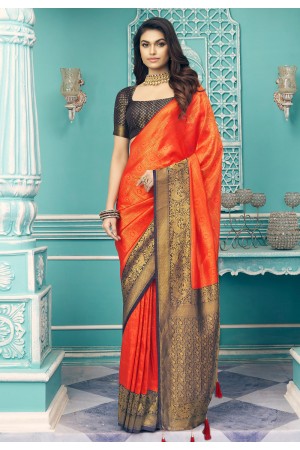 Silk Saree with blouse in Orange colour 14001