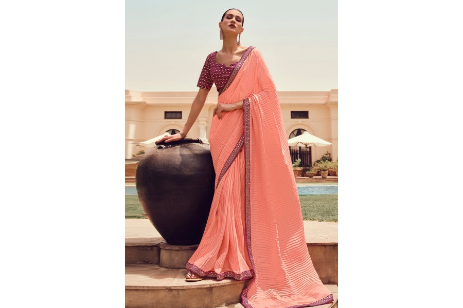Women's Silk Blend Peach WovenDesign HandloomSaree With Blouse Piece