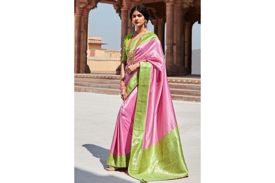 Women's Silk Blend Pink Printed Designer Saree With Blouse Piece