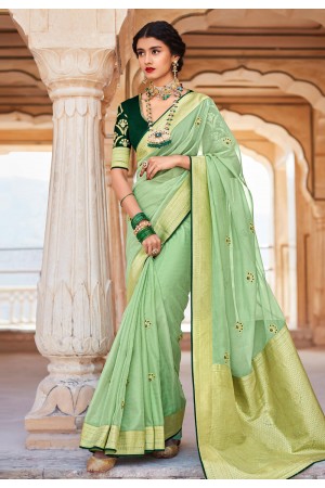 Silk Saree with blouse in Pista green colour 1451