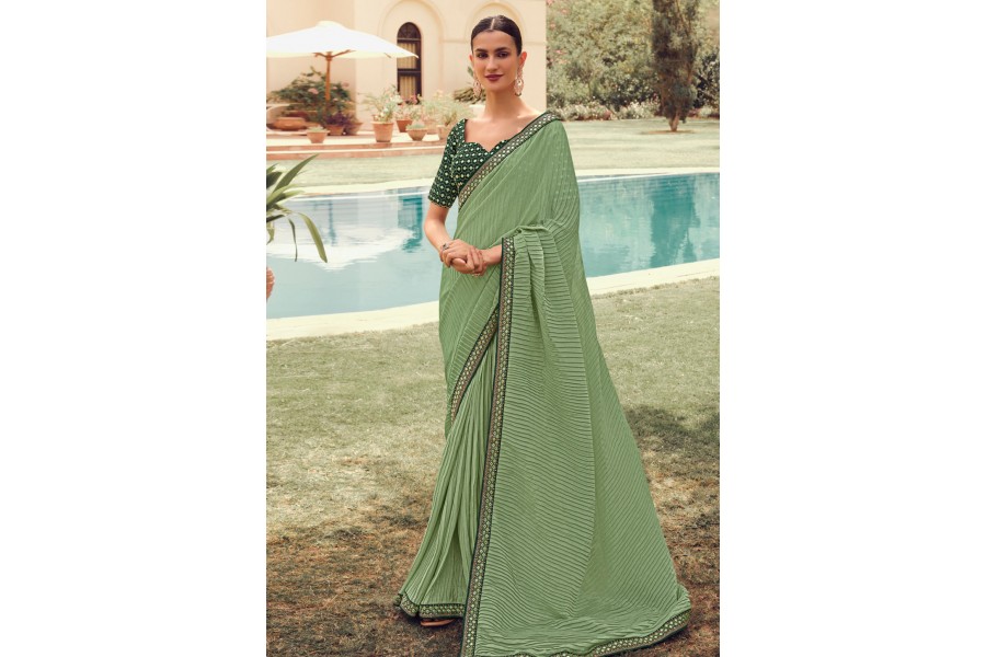 Pale Pista Green Color All Over Patch Work Design Tissue  Saree With Running Blouse