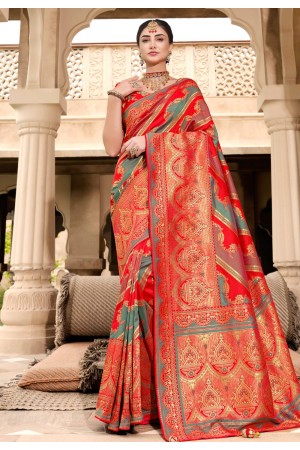 Silk Saree with blouse in Red colour 13417