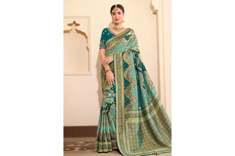 Sky Blue Color Big Border PureHandloom Silk Saree With Blouse