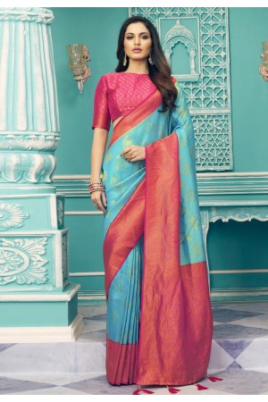 Silk Saree with blouse in Sky blue colour 14004