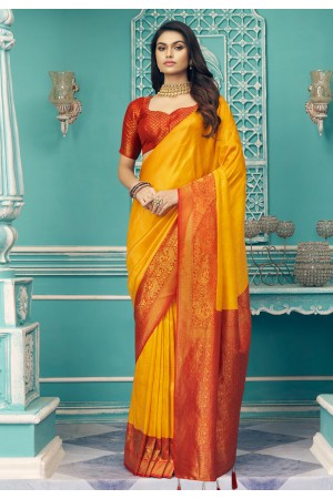 Silk Saree with blouse in Yellow colour 14003