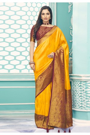 Silk Saree with blouse in Yellow colour 14008