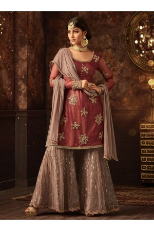 WIne and  grey color net wedding wear Sharara Style suit