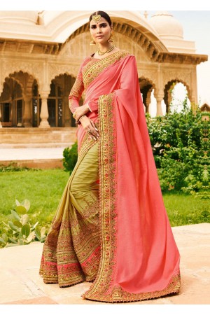 Beige pink half and half wedding saree 8008