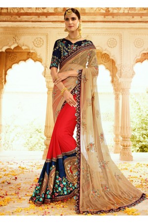 Beige red navy blue half and half wedding saree 8001