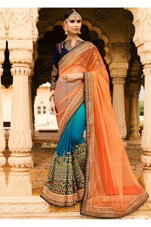 Orange blue half and half wedding saree 8003