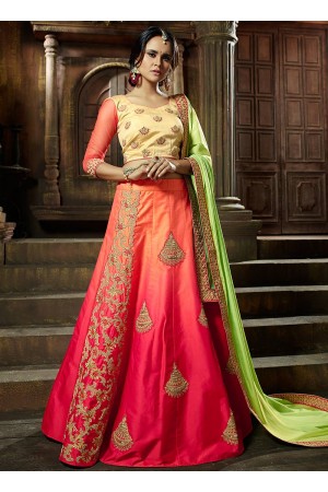 Peach and pink satin silk wedding lehenga choli